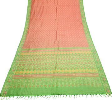 Sushila Vintage  Ikat Patola Saree Hand Woven Peach Pure Silk Sari Craft Fabric
