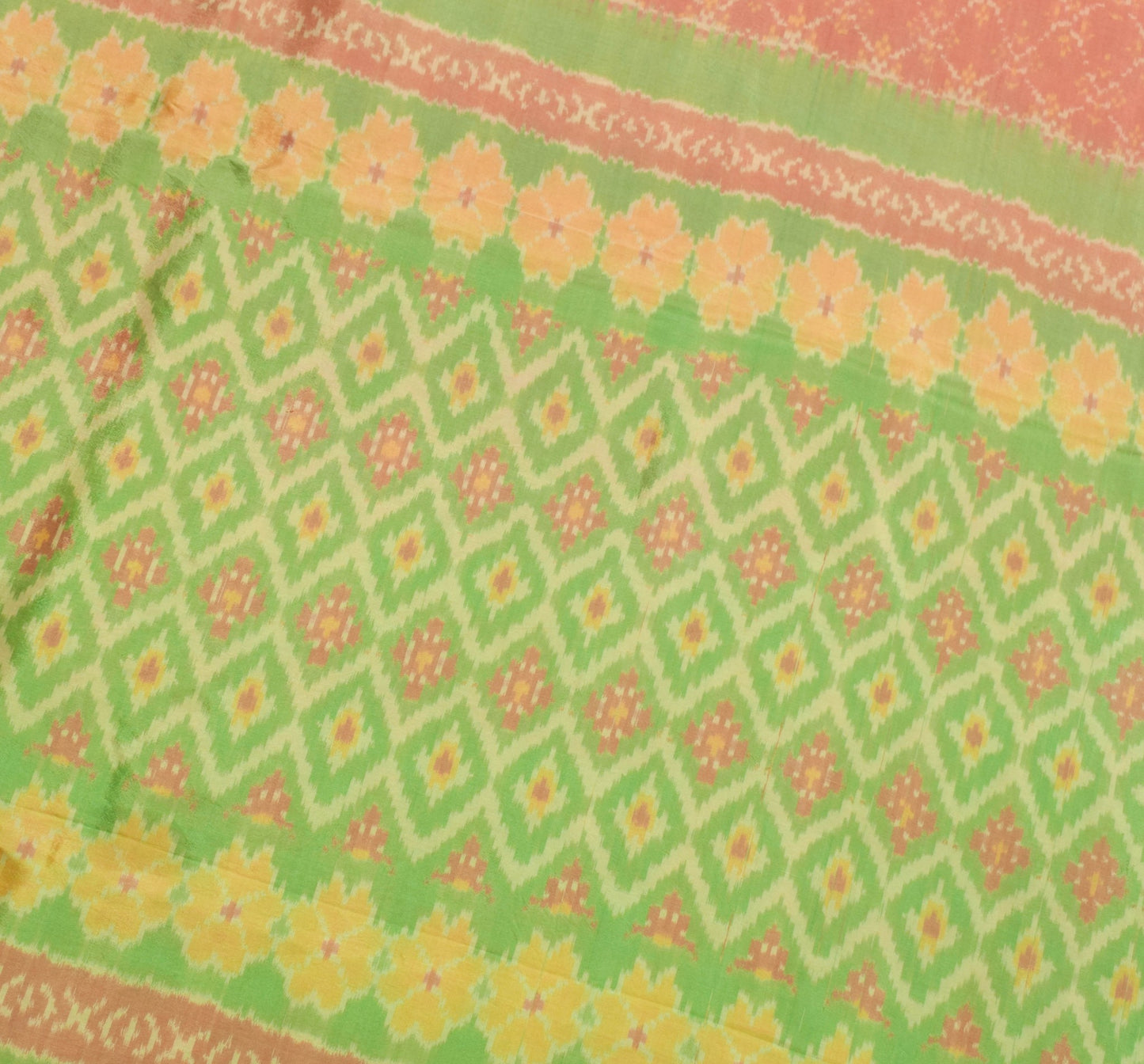Sushila Vintage  Ikat Patola Saree Hand Woven Peach Pure Silk Sari Craft Fabric