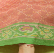 Sushila Vintage  Ikat Patola Saree Hand Woven Peach Pure Silk Sari Craft Fabric