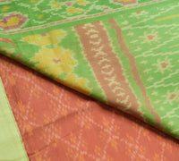 Sushila Vintage  Ikat Patola Saree Hand Woven Peach Pure Silk Sari Craft Fabric
