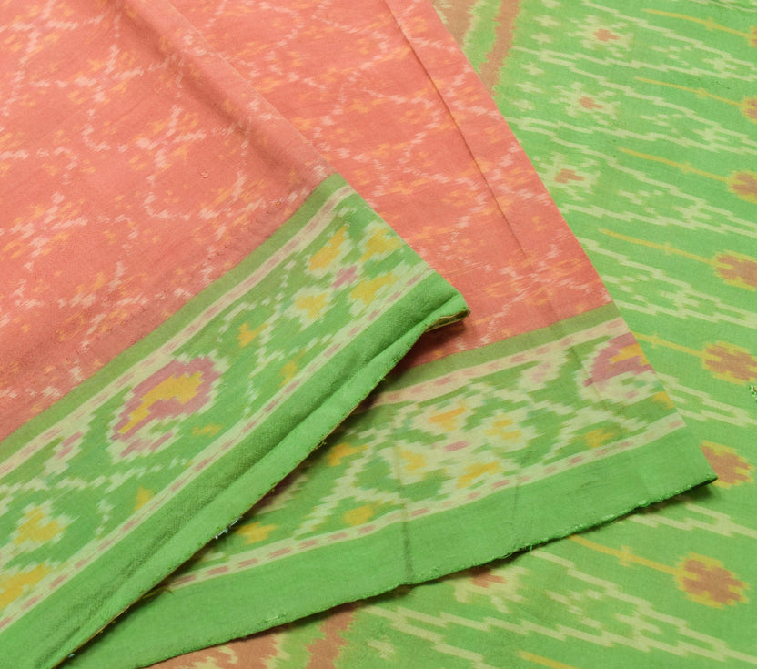 Sushila Vintage  Ikat Patola Saree Hand Woven Peach Pure Silk Sari Craft Fabric
