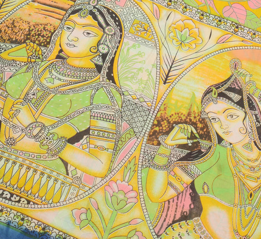 Sushila Vintage Yellow Kalamkari Printed Saree 100% Pure Cotton Soft Sari Fabric