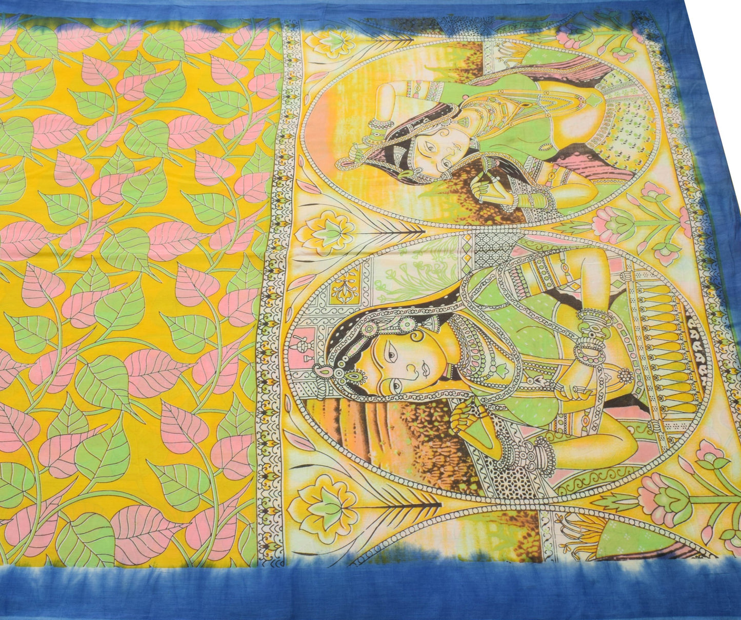 Sushila Vintage Yellow Kalamkari Printed Saree 100% Pure Cotton Soft Sari Fabric
