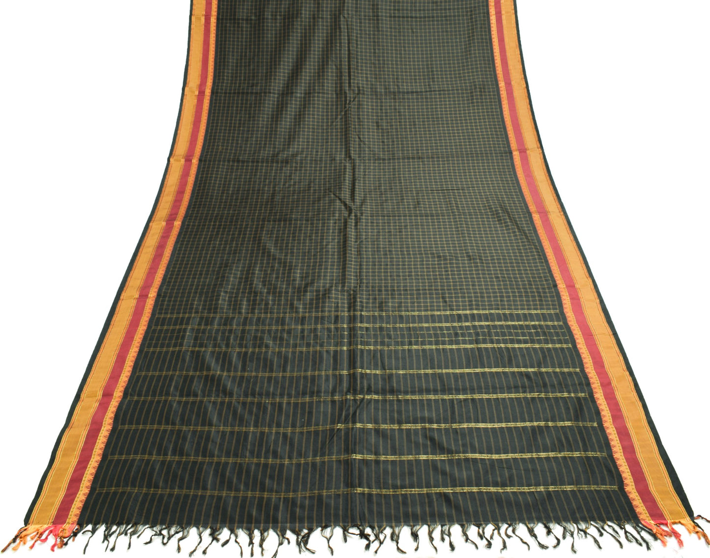 Sushila Vintage Black Gold Zari Check Saree with Zari Border Silk Sari Fabric