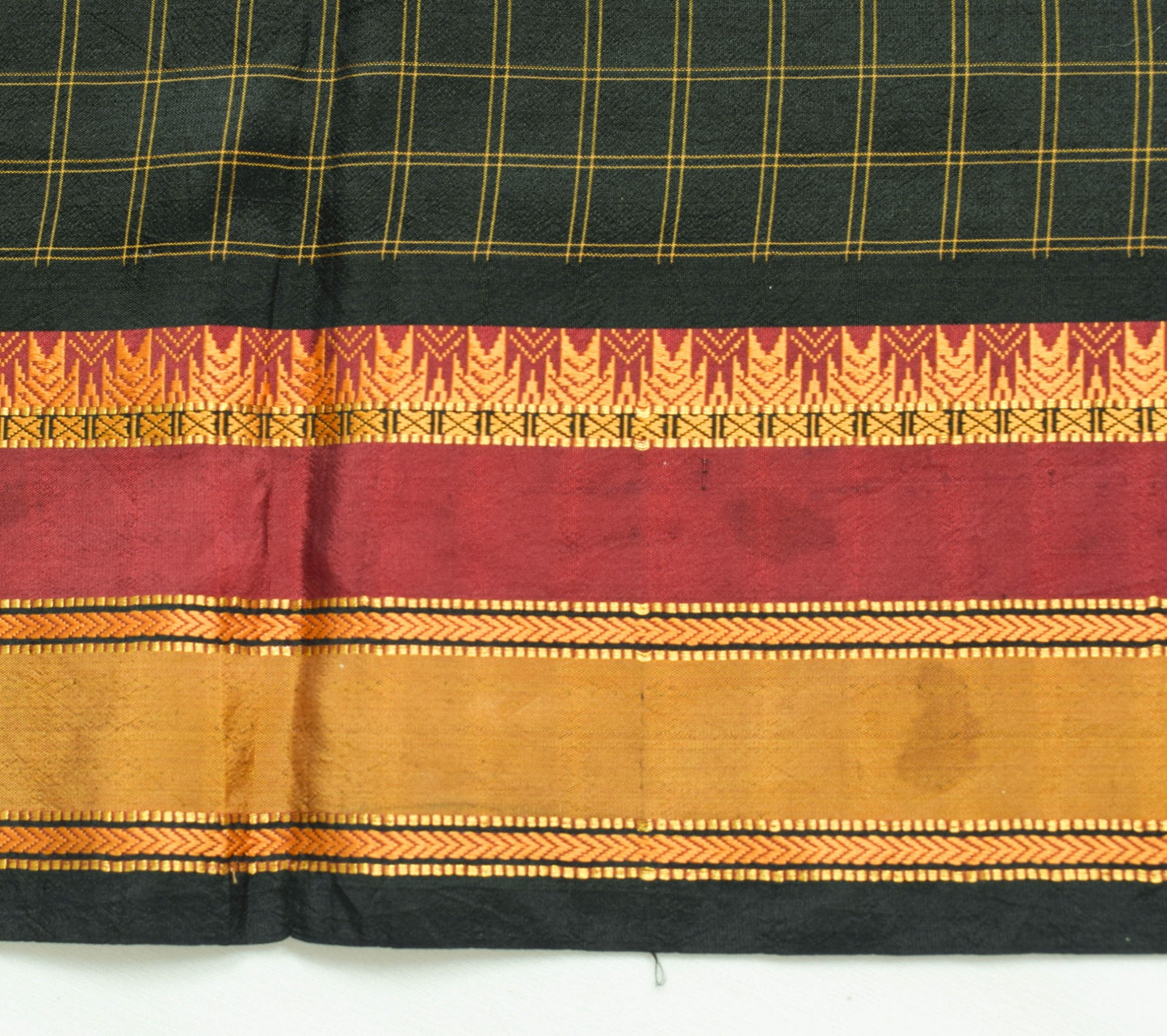 Sushila Vintage Black Gold Zari Check Saree with Zari Border Silk Sari Fabric