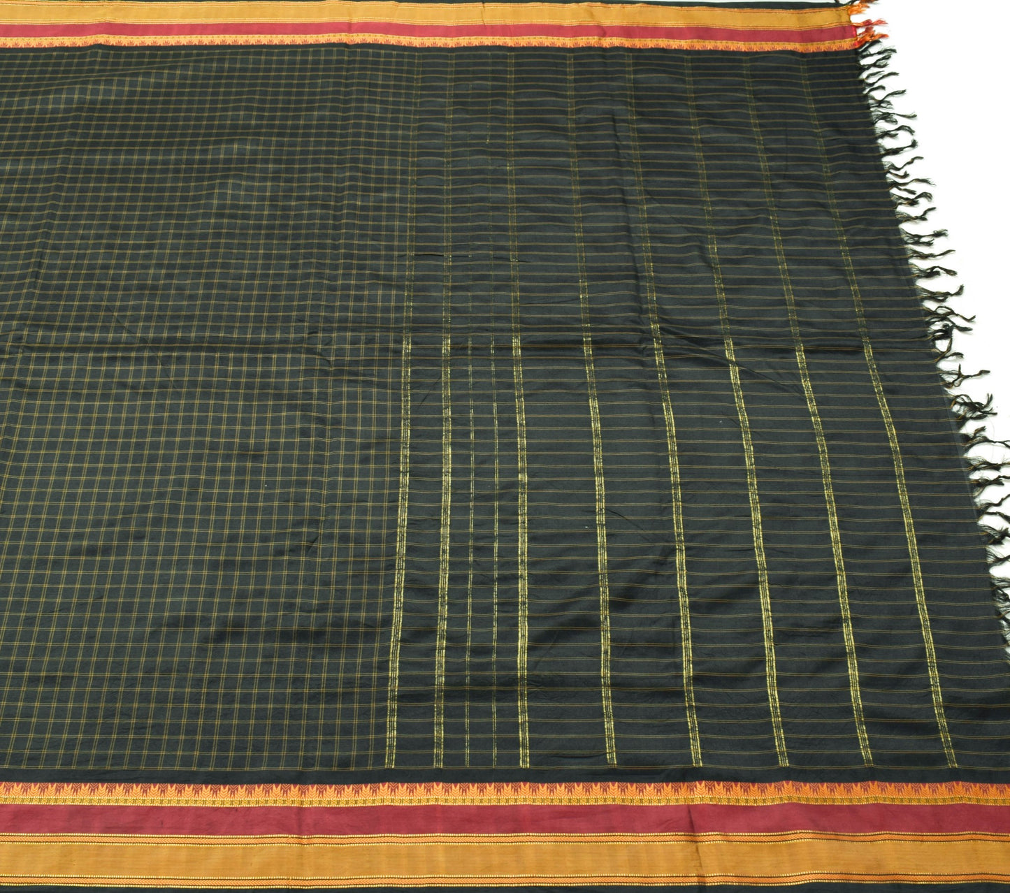 Sushila Vintage Black Gold Zari Check Saree with Zari Border Silk Sari Fabric