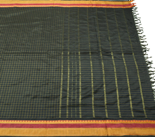Sushila Vintage Black Gold Zari Check Saree with Zari Border Silk Sari Fabric