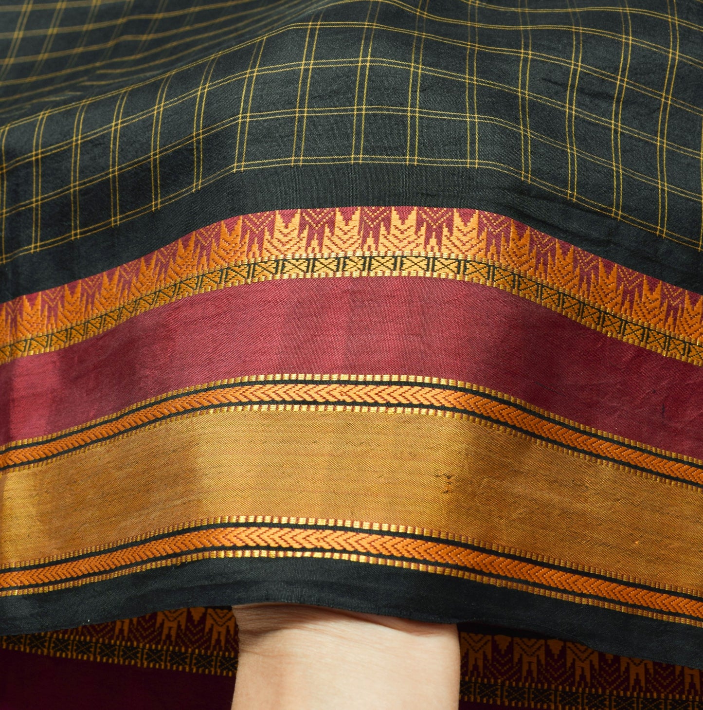 Sushila Vintage Black Gold Zari Check Saree with Zari Border Silk Sari Fabric