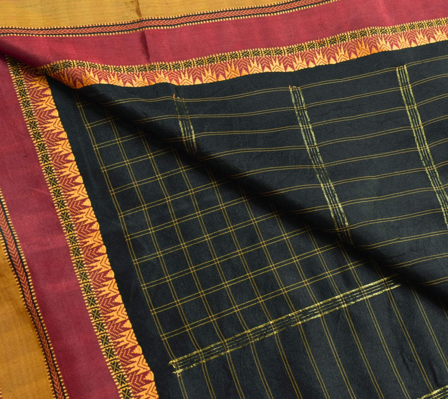 Sushila Vintage Black Gold Zari Check Saree with Zari Border Silk Sari Fabric