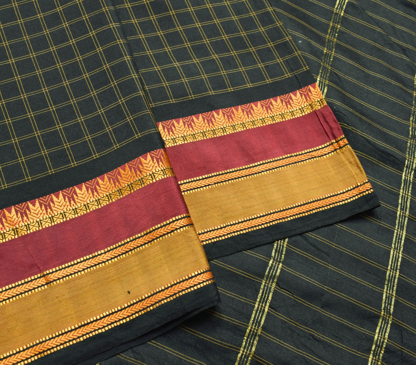 Sushila Vintage Black Gold Zari Check Saree with Zari Border Silk Sari Fabric
