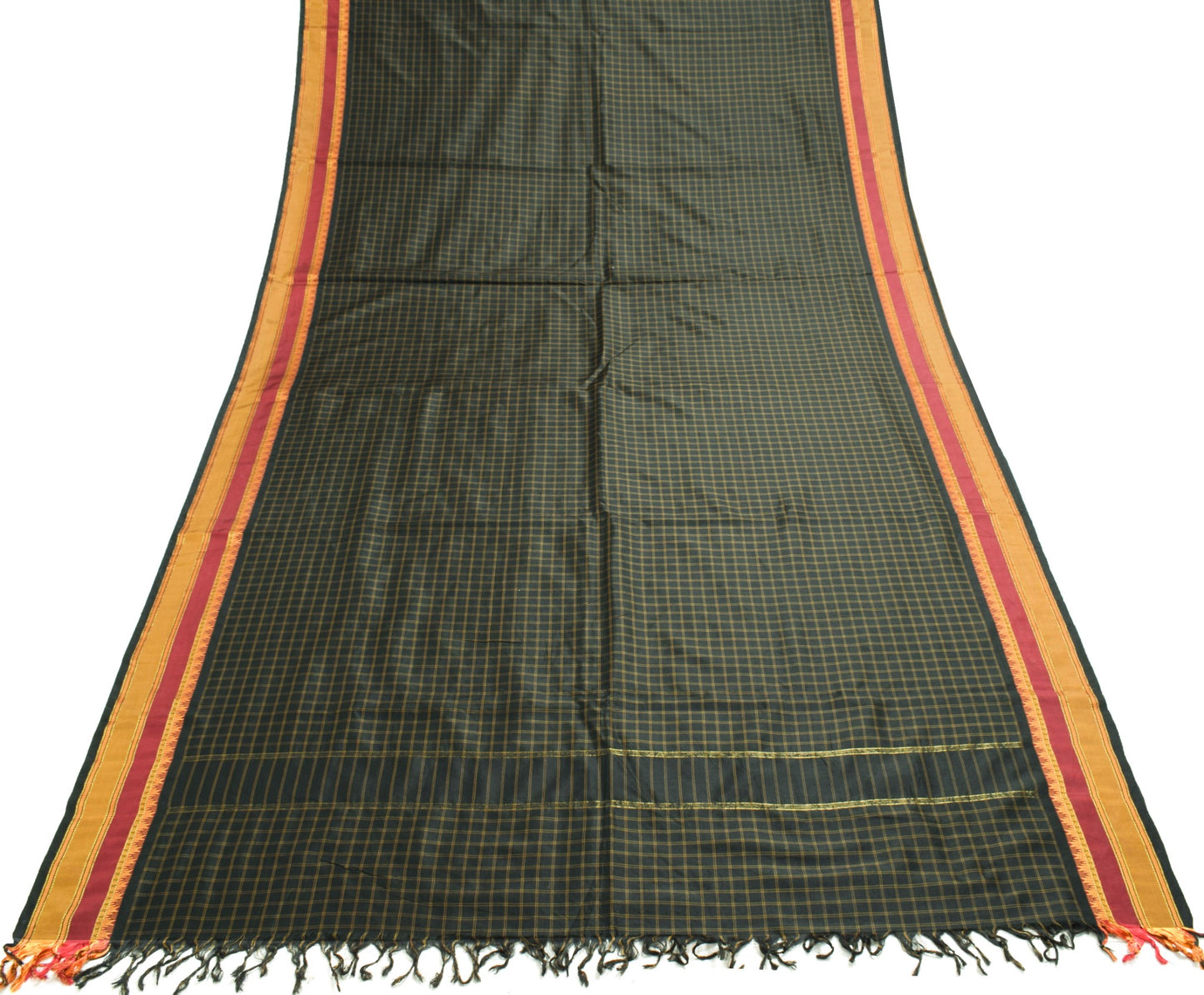 Sushila Vintage Black Gold Zari Check Saree with Zari Border Silk Sari Fabric