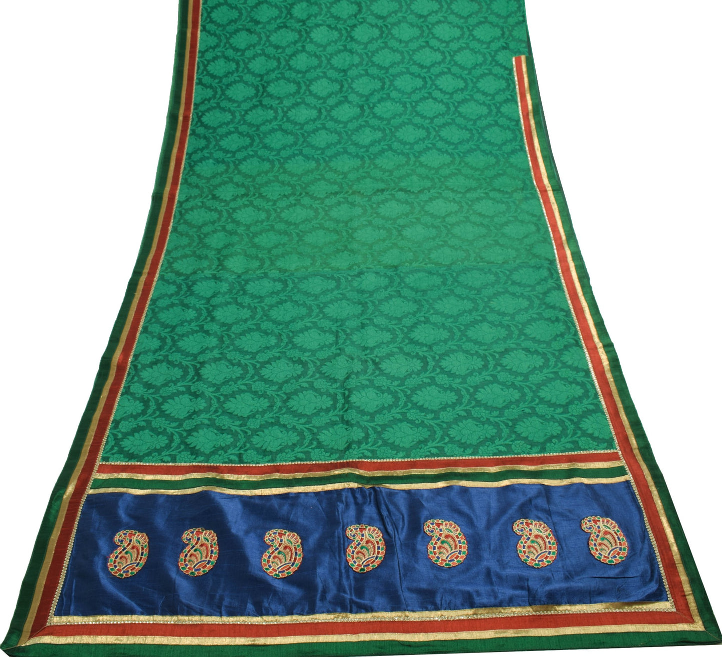 Sushila Vintage Green Patch Work Saree Self Woven Floral Silk Sari Craft Fabric
