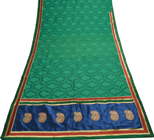 Sushila Vintage Green Patch Work Saree Self Woven Floral Silk Sari Craft Fabric