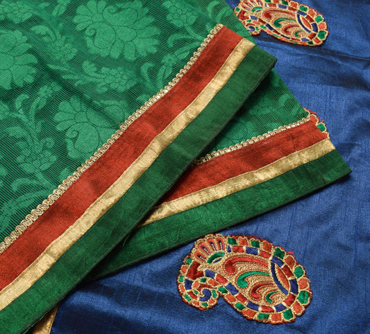 Sushila Vintage Green Patch Work Saree Self Woven Floral Silk Sari Craft Fabric