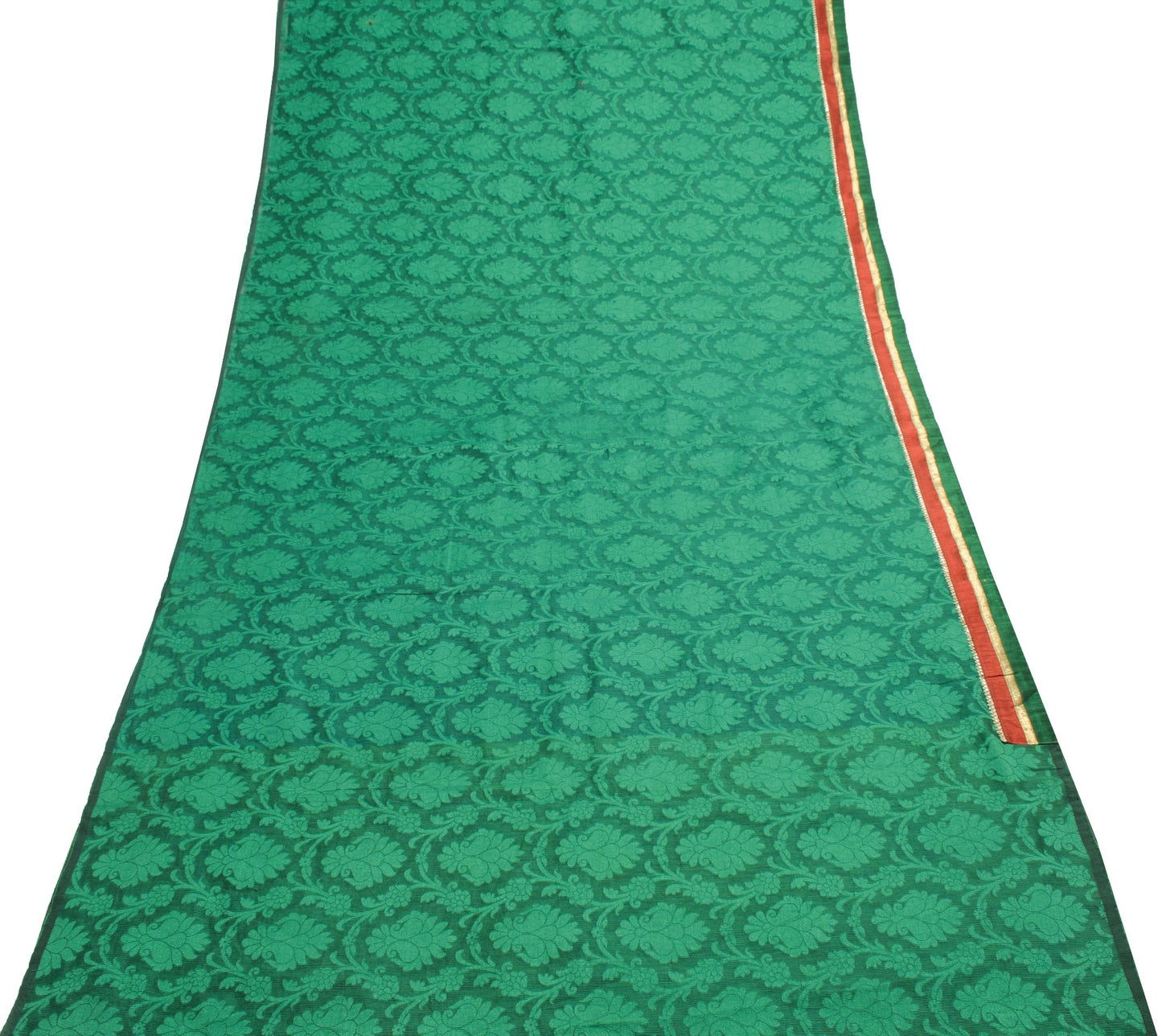 Sushila Vintage Green Patch Work Saree Self Woven Floral Silk Sari Craft Fabric