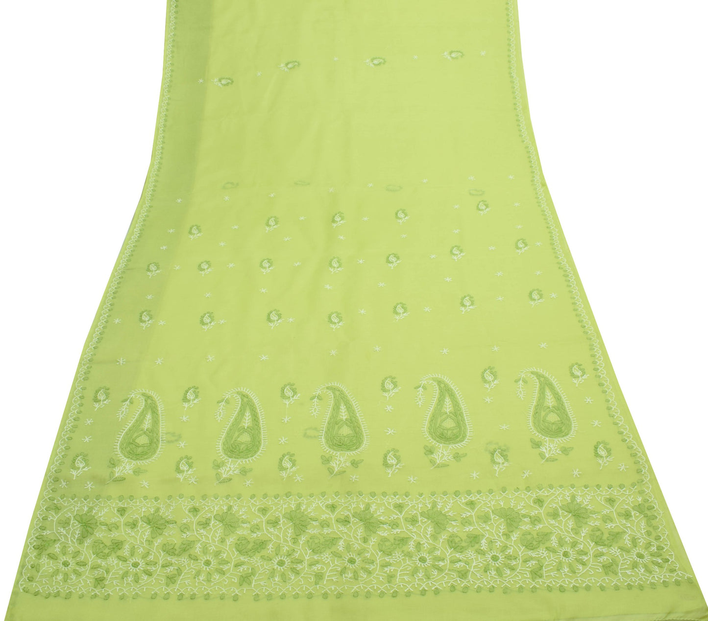 Sushila Vintage Green Cotton Saree Hand Embroidered Paisley Indian Sari Fabric
