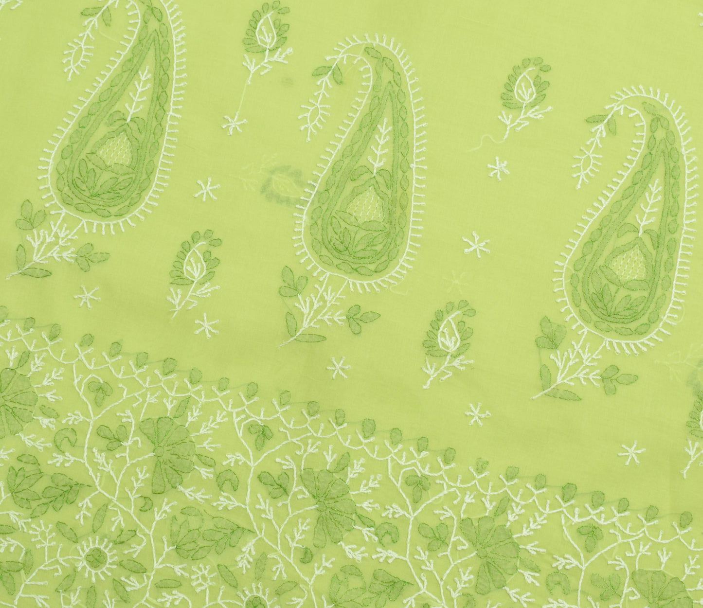 Sushila Vintage Green Cotton Saree Hand Embroidered Paisley Indian Sari Fabric