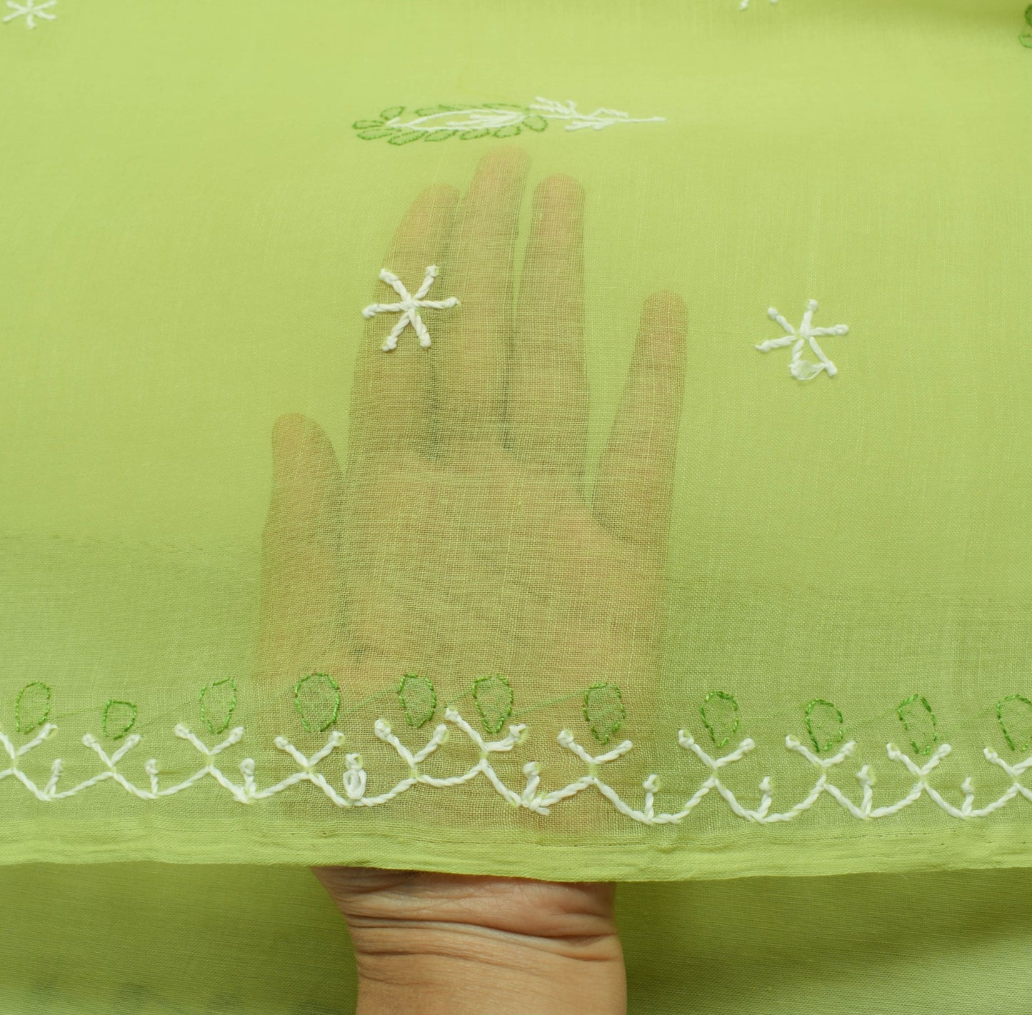 Sushila Vintage Green Cotton Saree Hand Embroidered Paisley Indian Sari Fabric