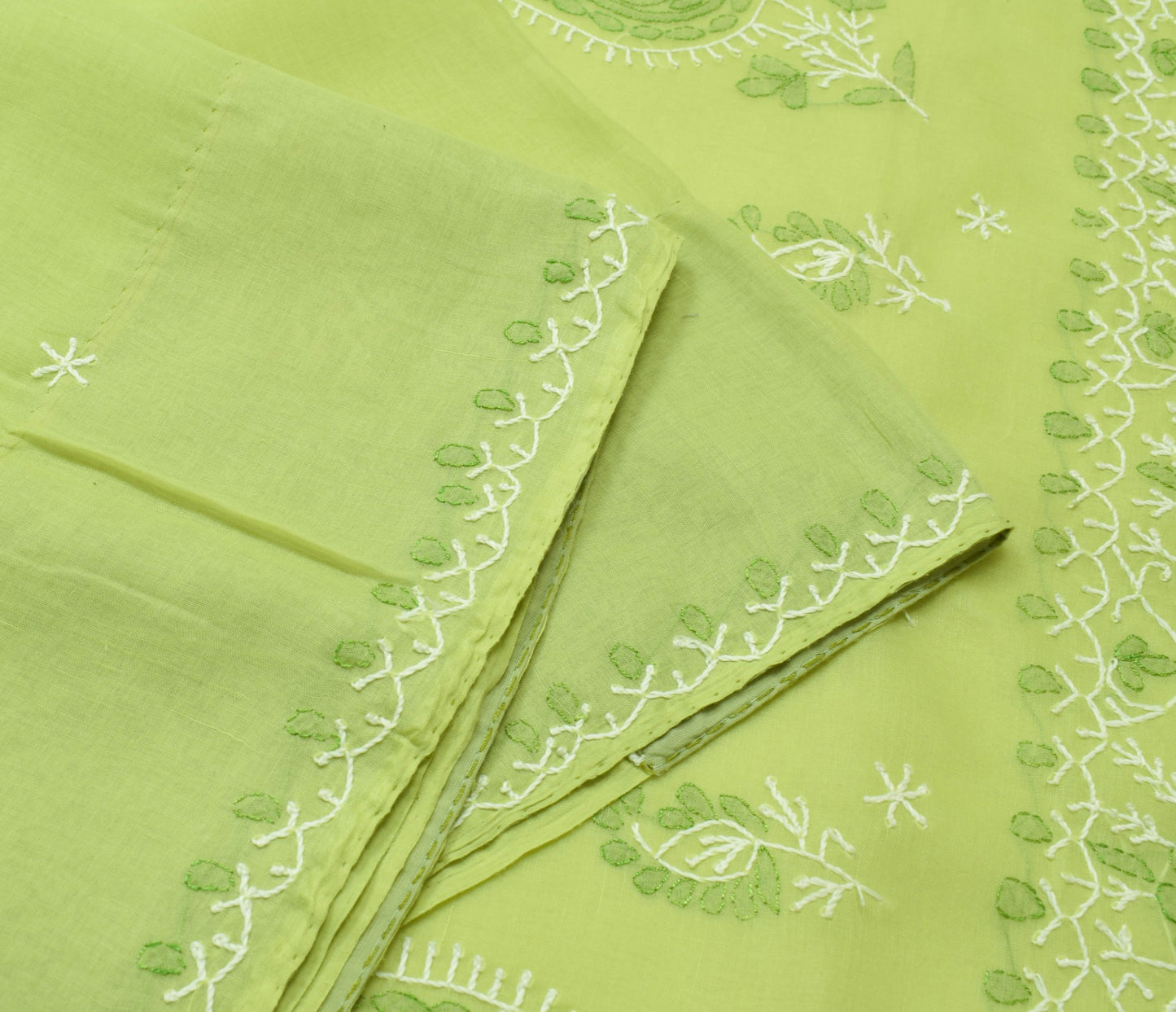 Sushila Vintage Green Cotton Saree Hand Embroidered Paisley Indian Sari Fabric