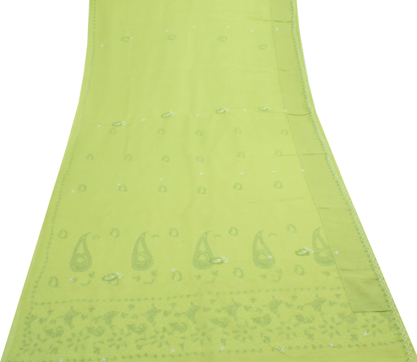 Sushila Vintage Green Cotton Saree Hand Embroidered Paisley Indian Sari Fabric
