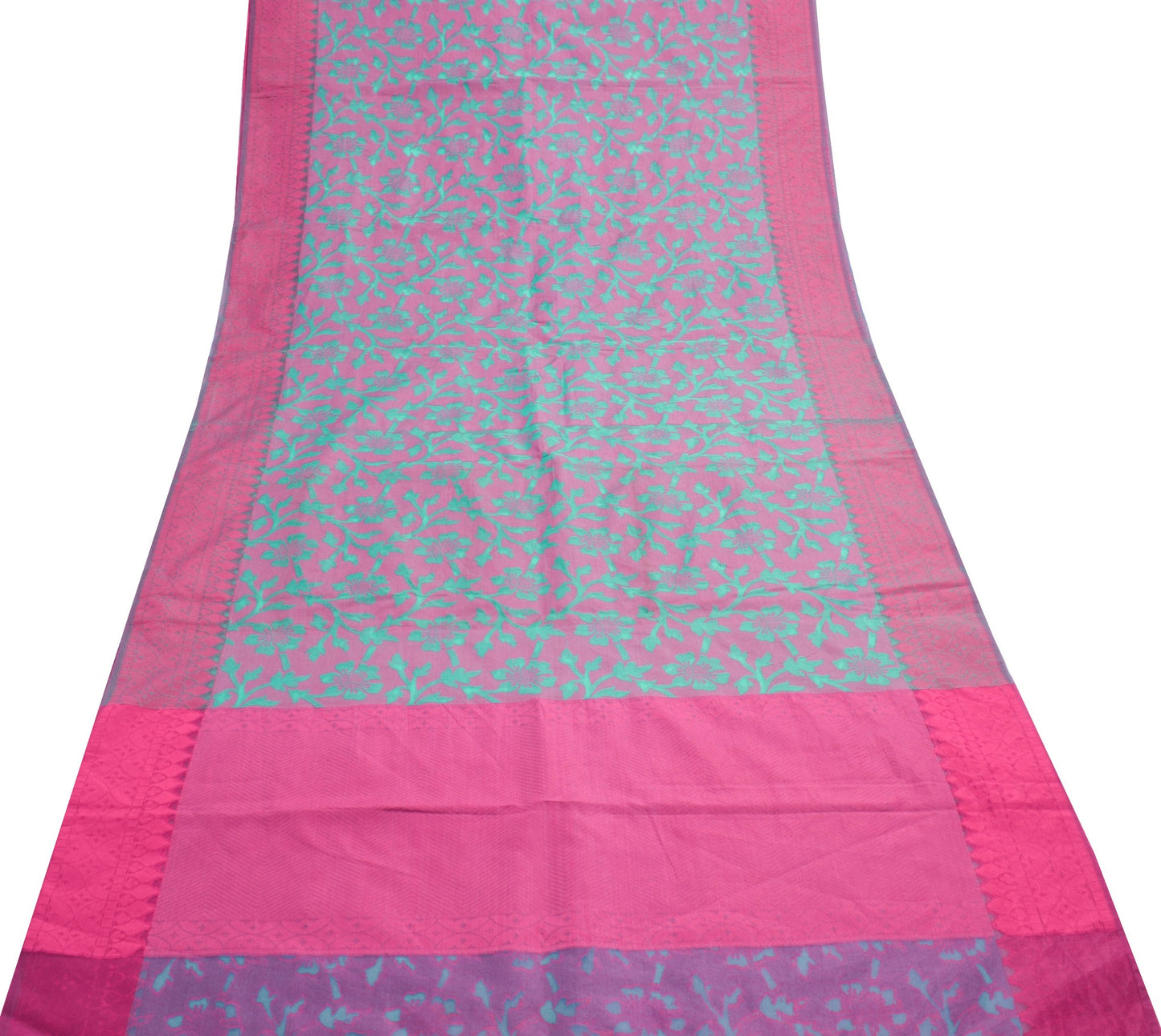 Sushila Vintage Pink Aqua Green Silk Saree Woven Floral Indian Sari Craft Fabric