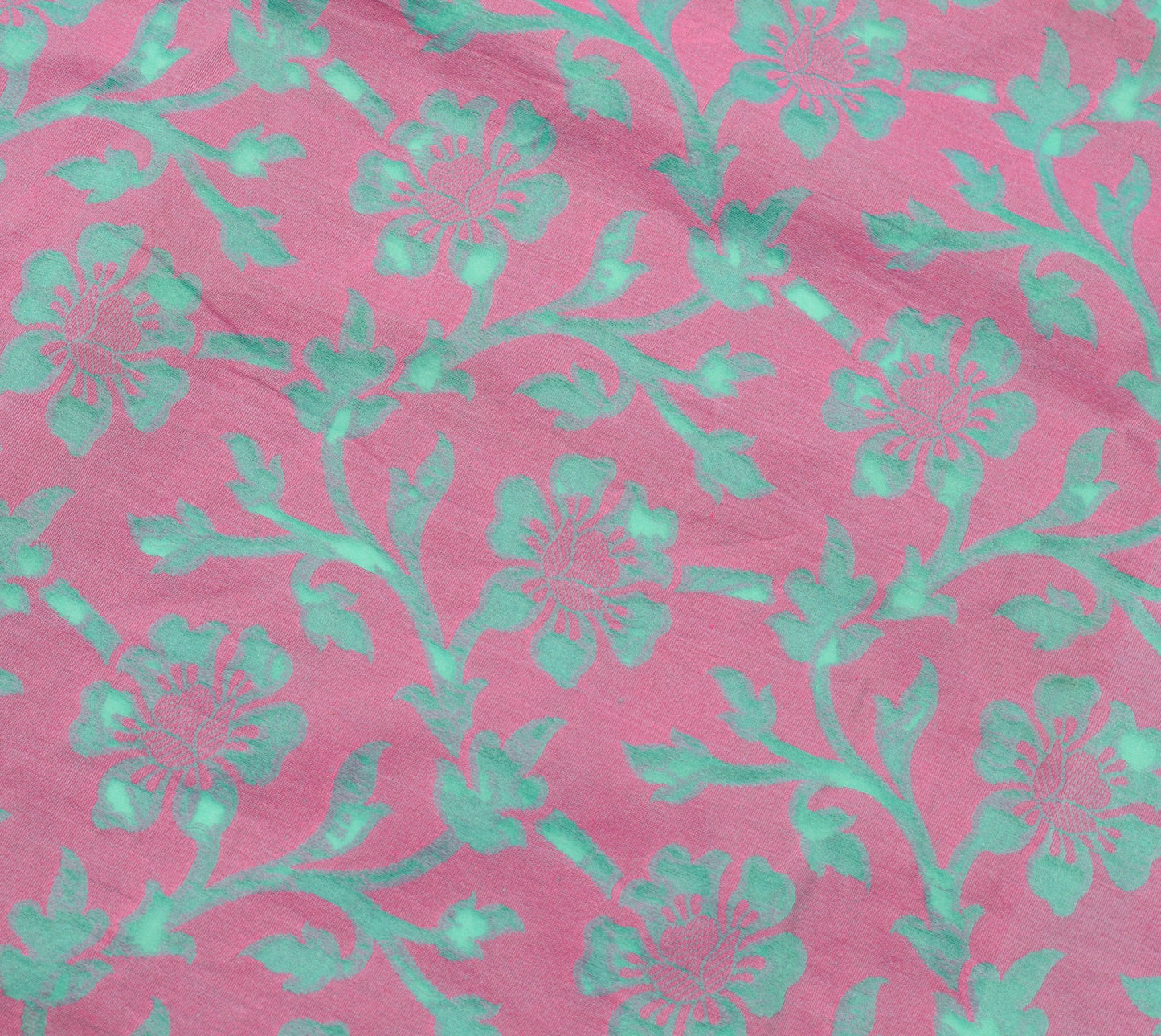 Sushila Vintage Pink Aqua Green Silk Saree Woven Floral Indian Sari Craft Fabric