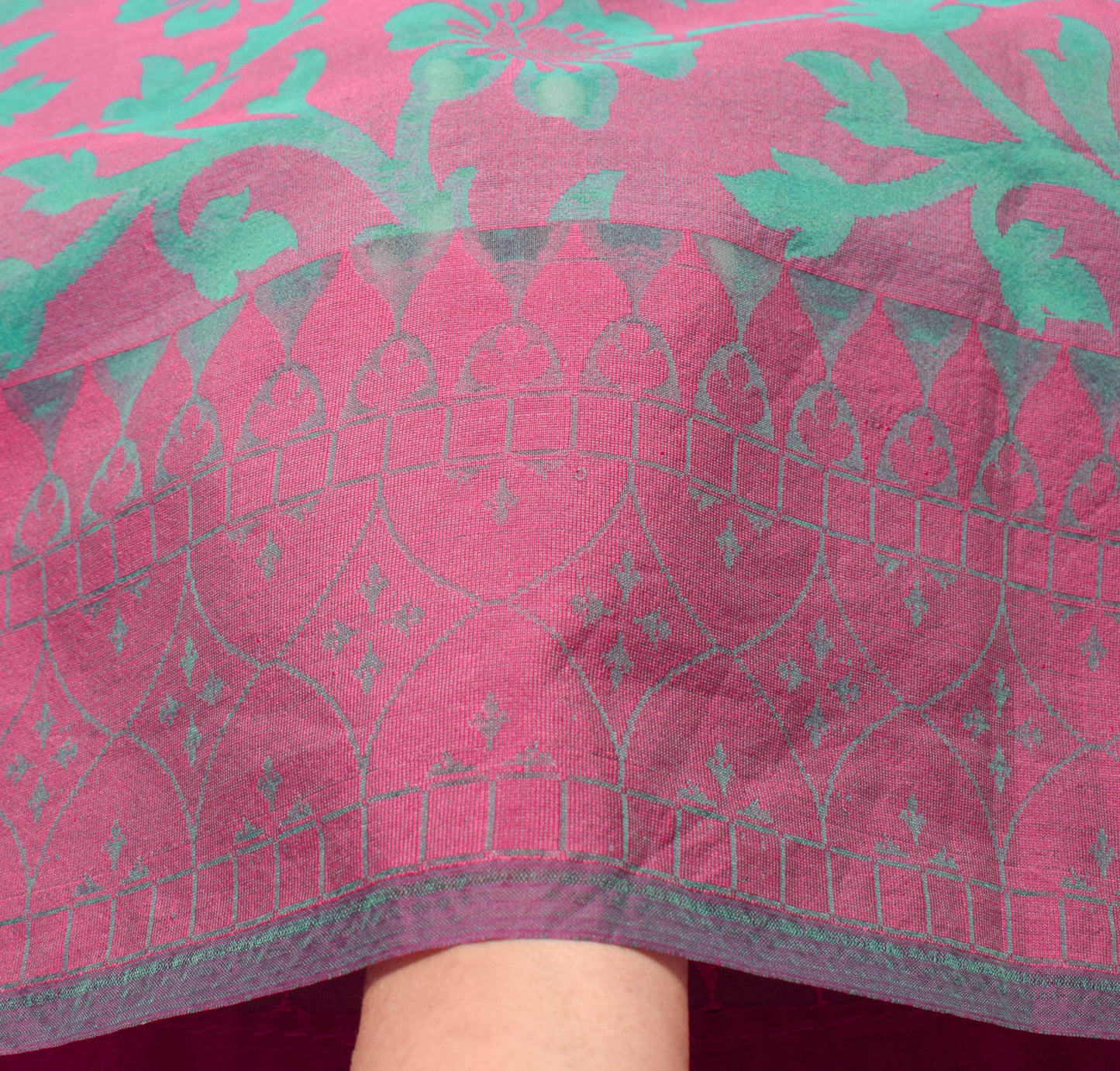 Sushila Vintage Pink Aqua Green Silk Saree Woven Floral Indian Sari Craft Fabric