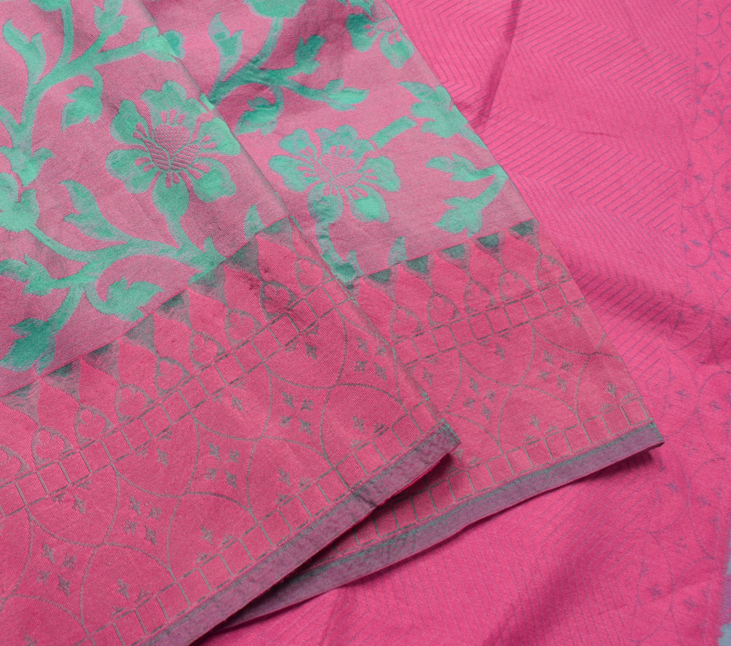 Sushila Vintage Pink Aqua Green Silk Saree Woven Floral Indian Sari Craft Fabric