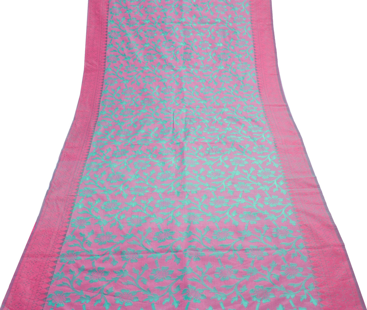 Sushila Vintage Pink Aqua Green Silk Saree Woven Floral Indian Sari Craft Fabric