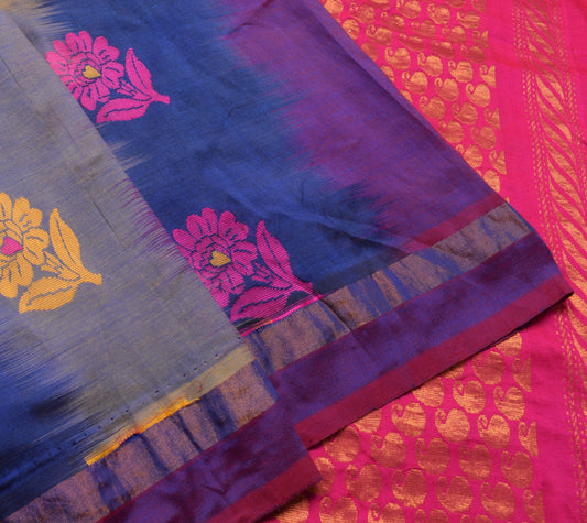 Sushila Vintage Multi-Color 100% Pure Silk Saree Floral Woven Sari Craft Fabric