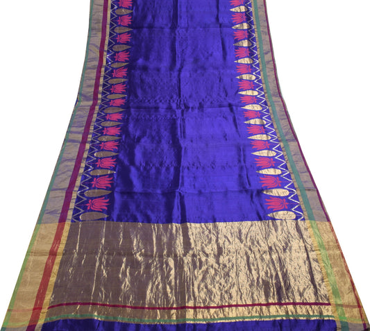 Sushila Vintage Blue Wedding Saree 100% Pure Silk Woven Floral Sari Craft Fabric