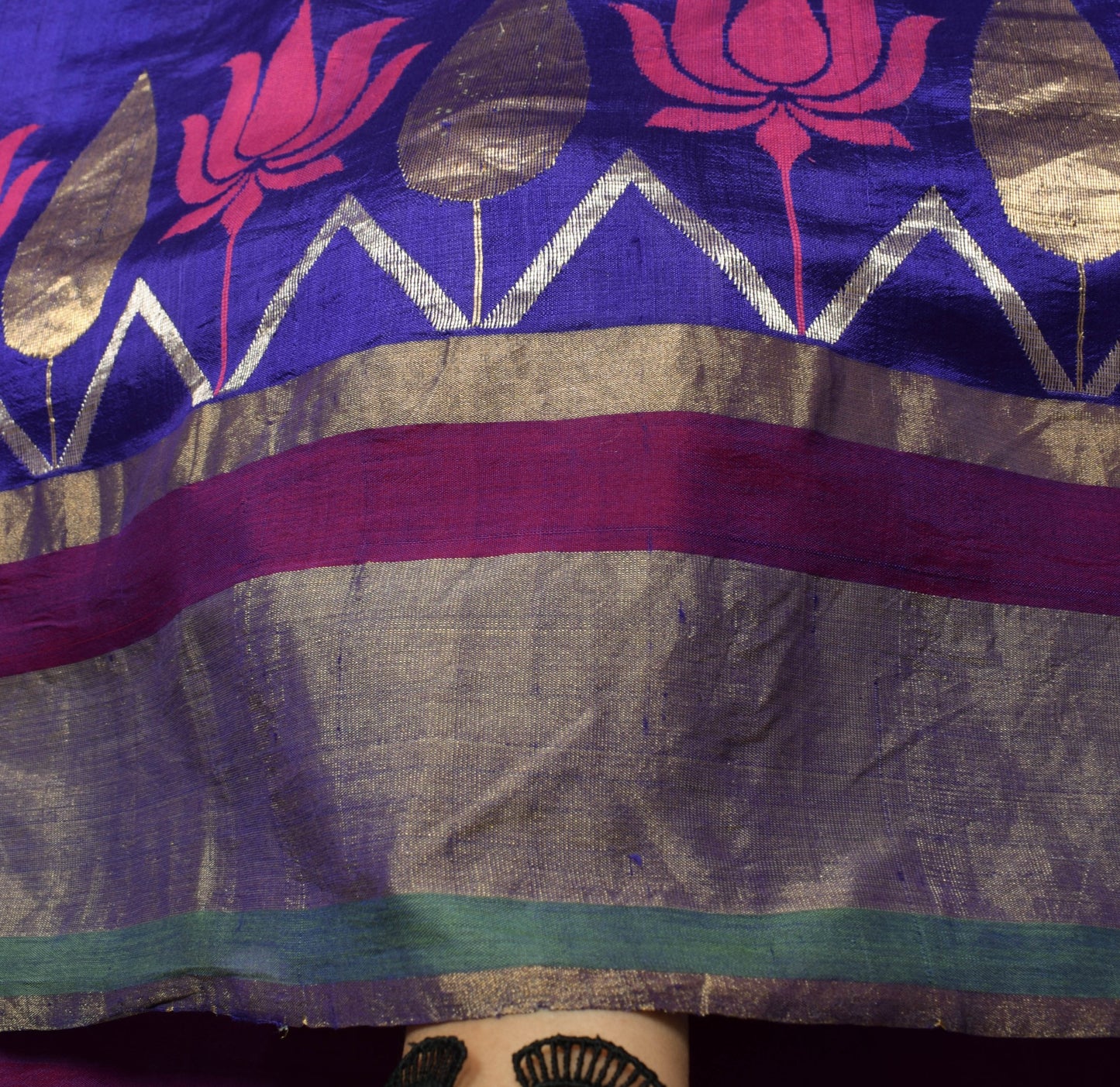 Sushila Vintage Blue Wedding Saree 100% Pure Silk Woven Floral Sari Craft Fabric