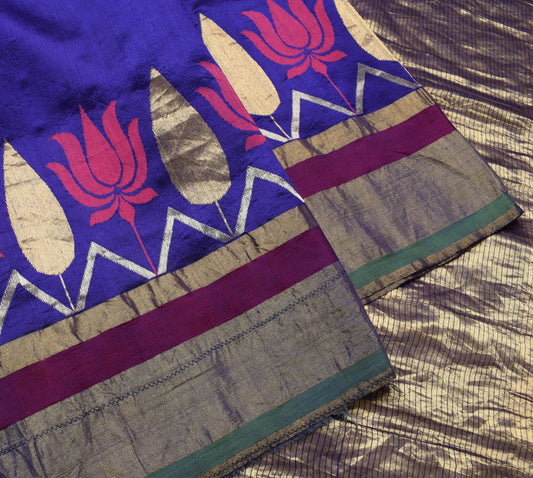 Sushila Vintage Blue Wedding Saree 100% Pure Silk Woven Floral Sari Craft Fabric