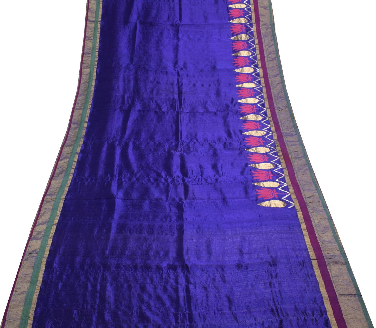 Sushila Vintage Blue Wedding Saree 100% Pure Silk Woven Floral Sari Craft Fabric