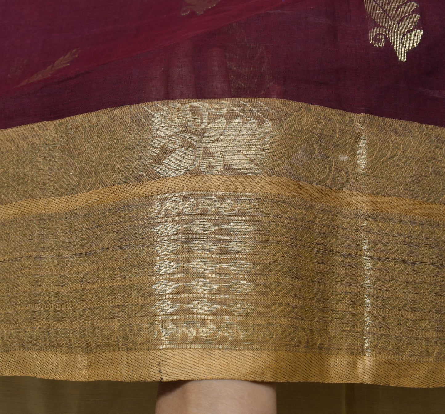 Sushila Vintage Maroon Saree with Broad Brocade Border Pure Cotton Sari Fabric