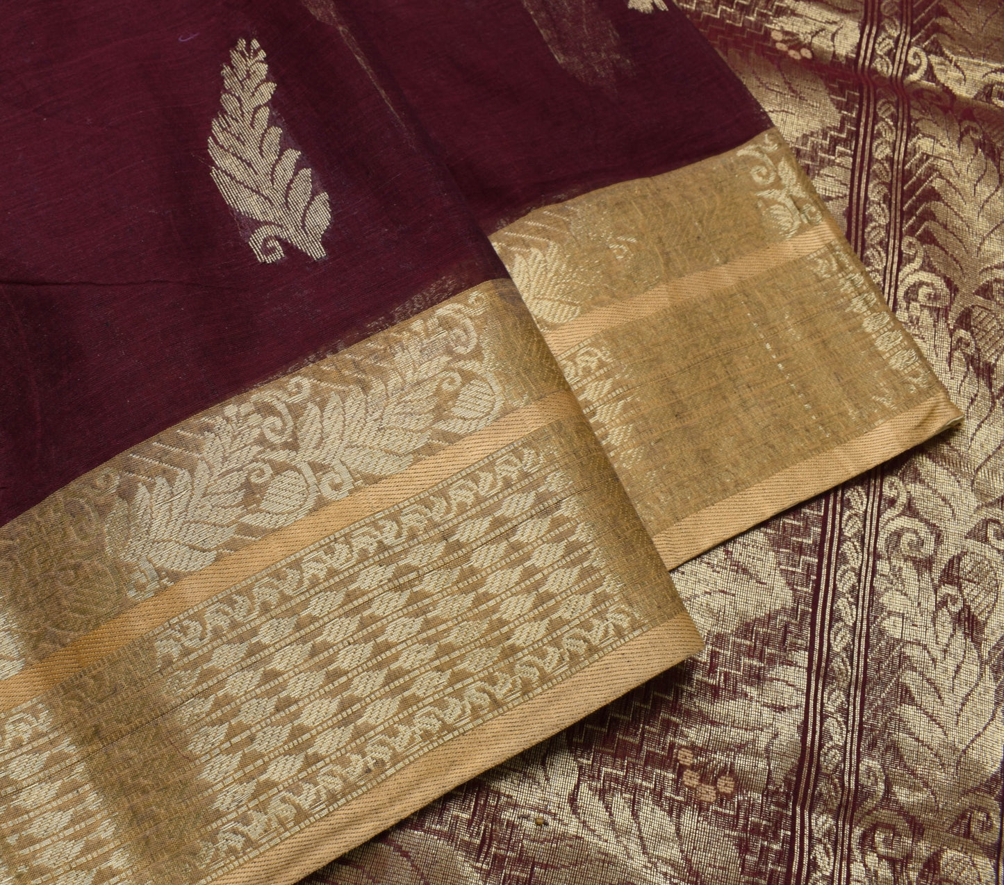 Sushila Vintage Maroon Saree with Broad Brocade Border Pure Cotton Sari Fabric
