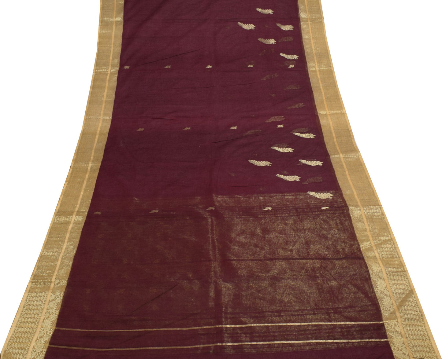 Sushila Vintage Maroon Saree with Broad Brocade Border Pure Cotton Sari Fabric