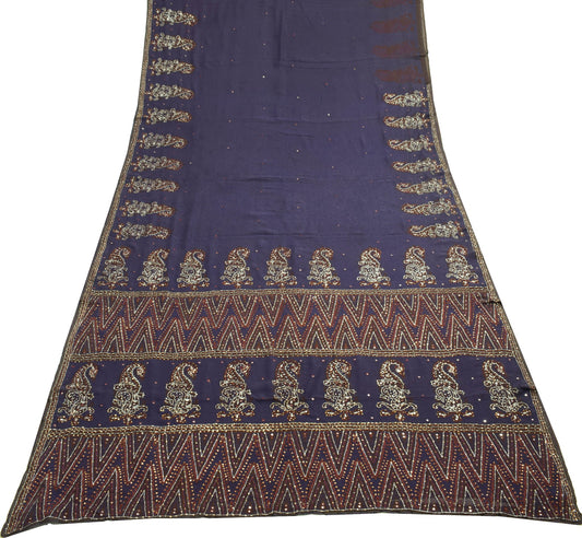 Sushila Vintage Purple Aari Work Saree 100%Pure Georgette Silk Sari Craft Fabric