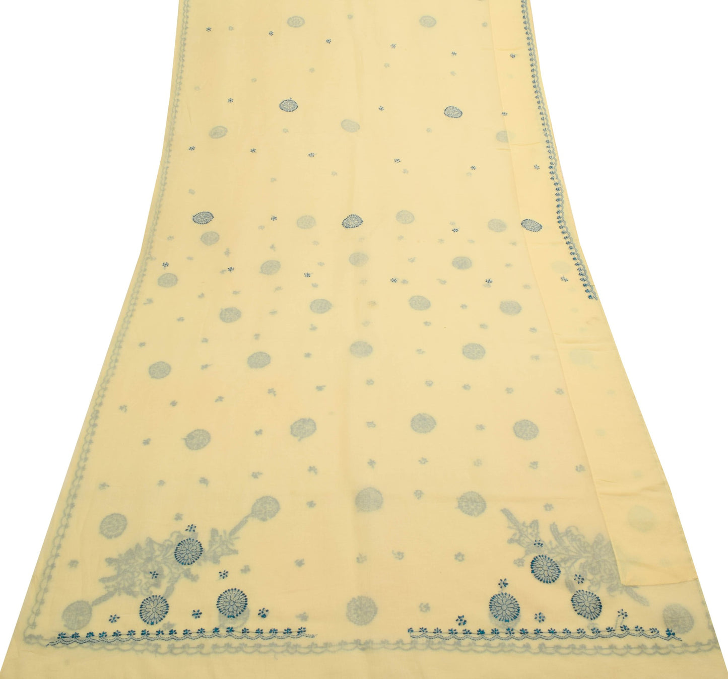 Sushila Vintage Cream Art Cotton Saree With Chikankari Lucknowi Work Sari Fabric