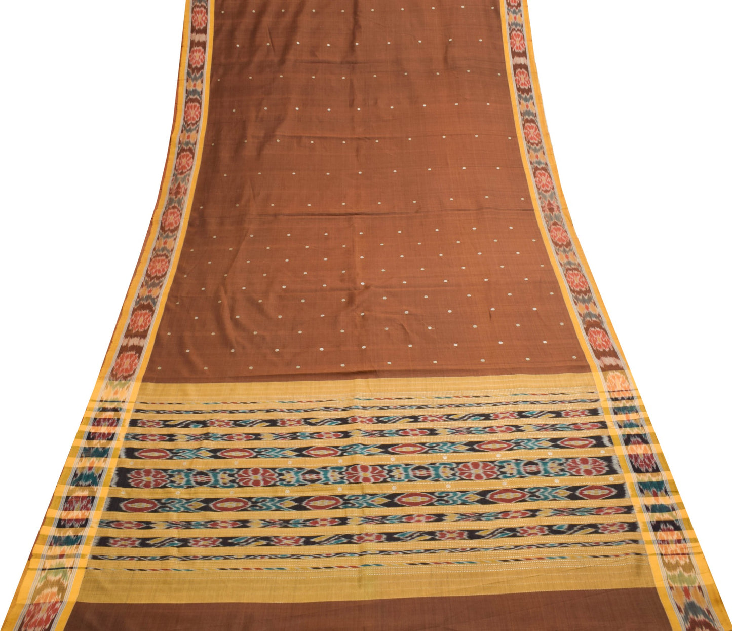 Sushila Vintage Pure Cotton Brown Saree Hand Woven Ikat Patola Sari Craft Fabric