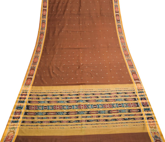 Sushila Vintage Pure Cotton Brown Saree Hand Woven Ikat Patola Sari Craft Fabric
