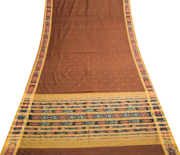 Sushila Vintage Pure Cotton Brown Saree Hand Woven Ikat Patola Sari Craft Fabric