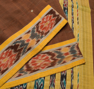 Sushila Vintage Pure Cotton Brown Saree Hand Woven Ikat Patola Sari Craft Fabric