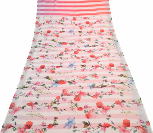 Sushila Vintage White Digital Printed Saree Floral Cotton Party Wear Sari Fabric