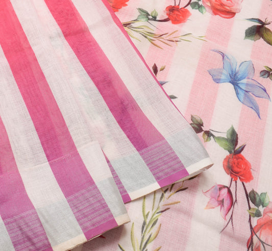 Sushila Vintage White Digital Printed Saree Floral Cotton Party Wear Sari Fabric