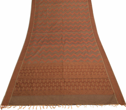 Sushila Vintage Brown 100% Pure Cotton Saree Zig-Zag Woven Sari Craft 5YD Fabric