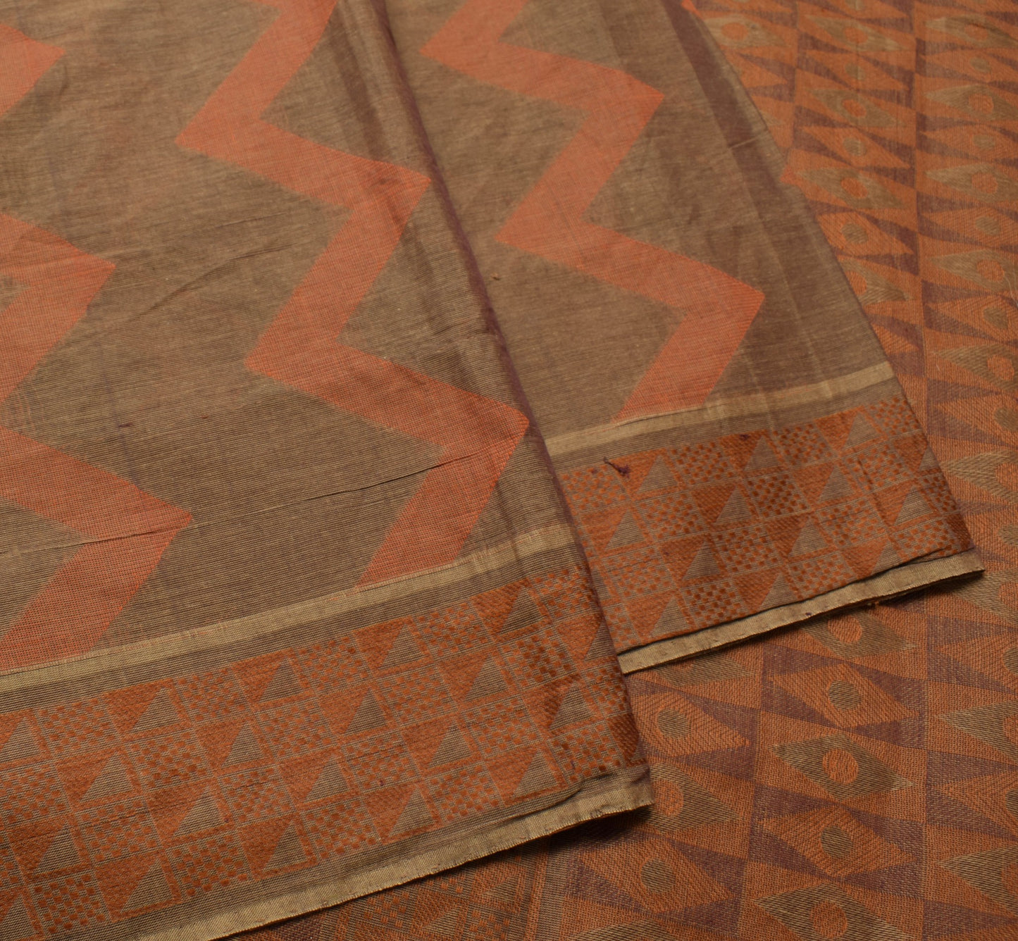 Sushila Vintage Brown 100% Pure Cotton Saree Zig-Zag Woven Sari Craft 5YD Fabric