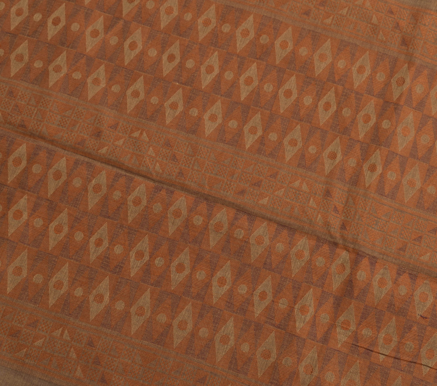 Sushila Vintage Brown 100% Pure Cotton Saree Zig-Zag Woven Sari Craft 5YD Fabric