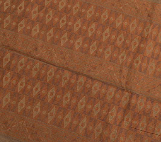 Sushila Vintage Brown 100% Pure Cotton Saree Zig-Zag Woven Sari Craft 5YD Fabric