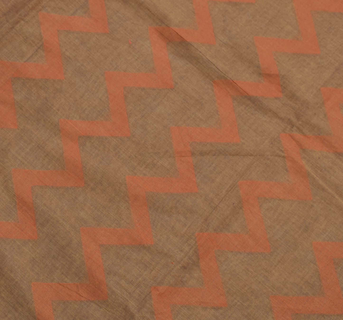 Sushila Vintage Brown 100% Pure Cotton Saree Zig-Zag Woven Sari Craft 5YD Fabric